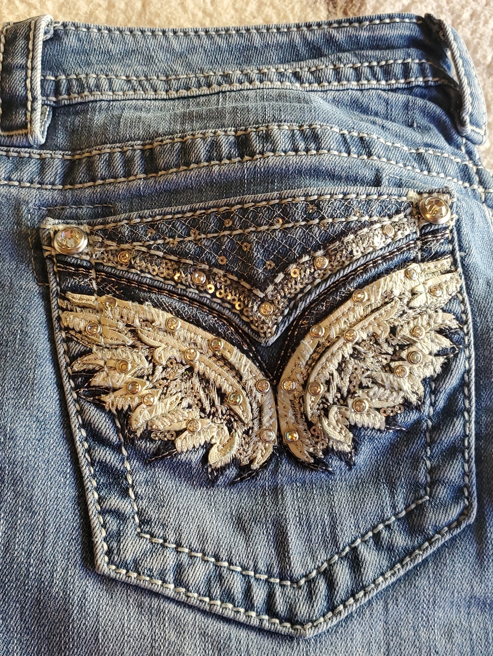 Miss Me Blue Straight Leg Jeans with Embroidered Wing Back Pocket